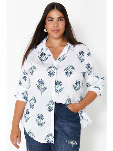Trendyol Curve White Large Size Tropical Patterned Shirt