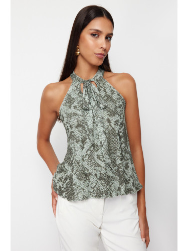 Trendyol Khaki Printed Special Textured Flexible Knitted Blouse with Lacing Detail