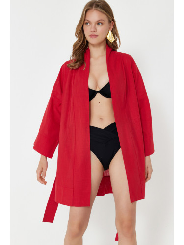 Trendyol Red Belted Mini Woven 100% Cotton Kimono&Kaftan
