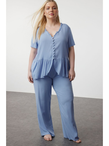 Trendyol Curve Blue V-Neck Button-Woven Pajama Set