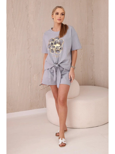 Women's set T-shirt with print + shorts - light grey