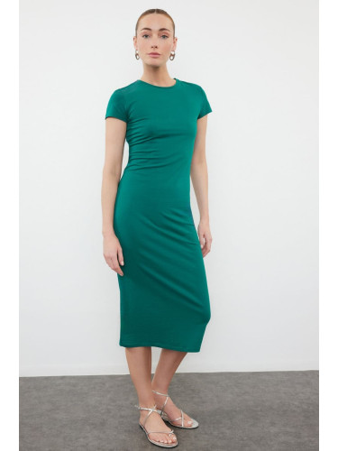 Trendyol Emerald Green Short Sleeve Fitted Cotton Stretchy Midi Knitted Dress