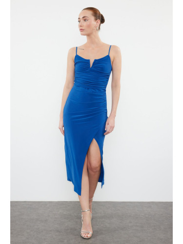 Trendyol Blue Strap Slit Gathered Cutout V-Neck Detailed Flexible Knitted Midi Pencil Dress