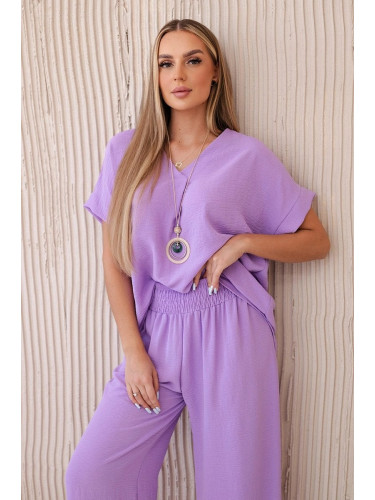 Women's set blouse with necklace + trousers - light purple