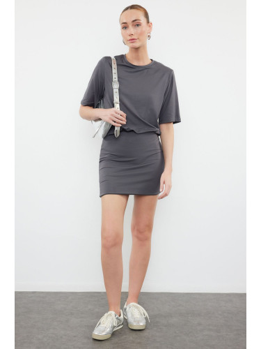 Trendyol Anthracite Plain Soft Fabric Fitted Short Sleeve Stretchy Knitted Dress