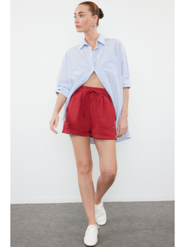 Trendyol Red 100% Linen Elastic Waist High Waist Shorts