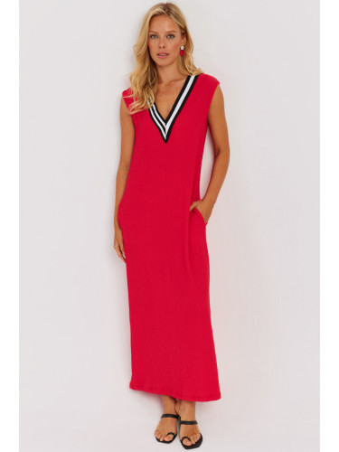 Cool & Sexy Women's Red V Neck Block Maxi Dress