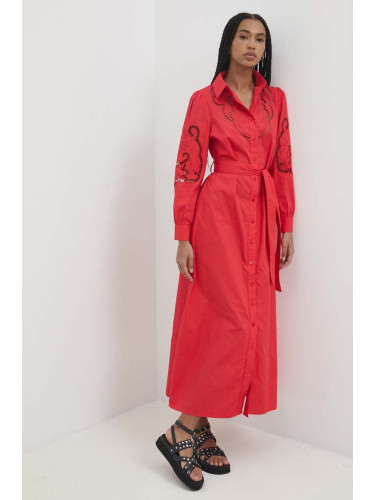 Памучна рокля Answear Lab в червено дълга разкроена