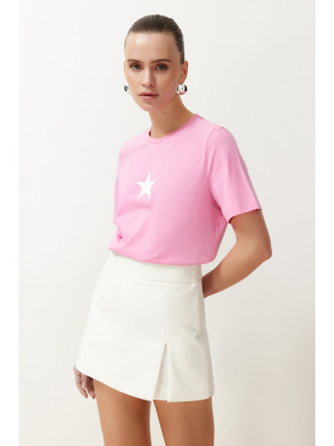 Trendyol Pink 100% Cotton Star Printed Regular/Normal Pattern Crew Neck Knitted T-Shirt