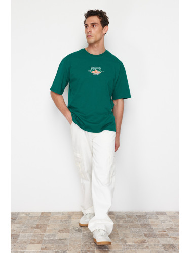 Trendyol Emerald Green Oversize/Wide Cut Landscape Embroidered 100% Cotton T-Shirt