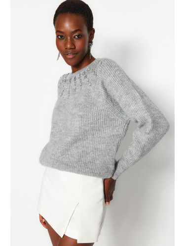 Trendyol Gray Soft Textured Stone Detailed Knitwear Sweater