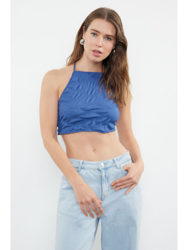 Trendyol Indigo Textured Crop Halter Neck Stretchy Knitted Blouse