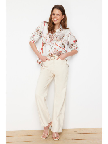 Trendyol Beige Floral Print Premium Oversize/Creature Satin Woven Shirt