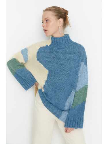 Trendyol Blue Soft Textured Color Block Knitwear Sweater