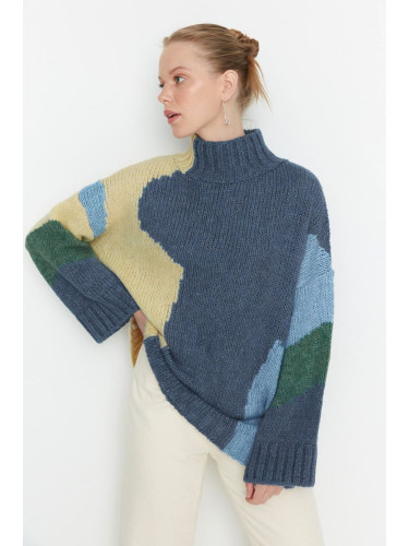 Trendyol Blue Soft Textured Color Block Wide Fit Knitwear Sweater