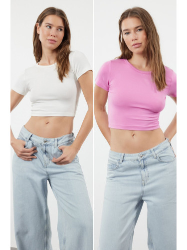 Trendyol Premium Pink-Ecru 2 Pack Crop Viscose/Soft Fabric Stretchy Knitted Blouse