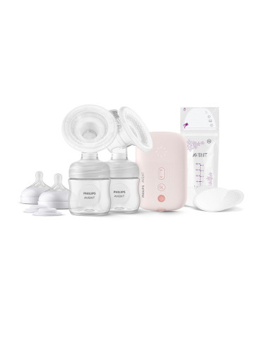 Комплект с двойна ел. помпа за кърма Natural Motion Philips AVENT +  2 бр. шишета + аксесоари за кърмене