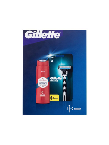 Gillette Mach3 Подаръчен комплект самобръсначка 1 бр + сменяема глава 1 бр + душ гел и шампоан Old Spice Whitewater 3в1 250 ml увредена кутия
