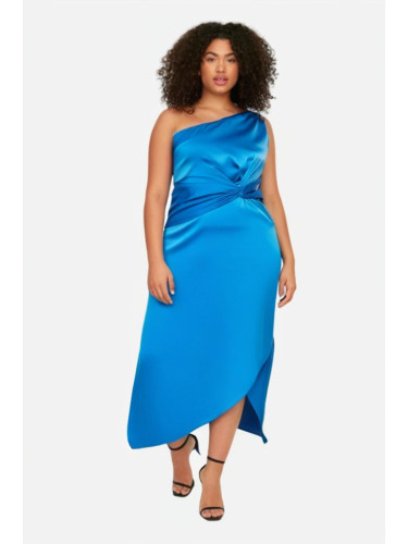 Trendyol Curve Saxe Satin Chic Asymmetrical Single Sleeve Long Woven Dress