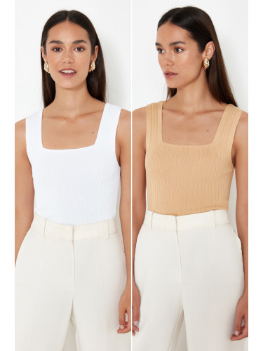 Trendyol Camel-Ecru Basic Double Pack Top Knitwear Blouse