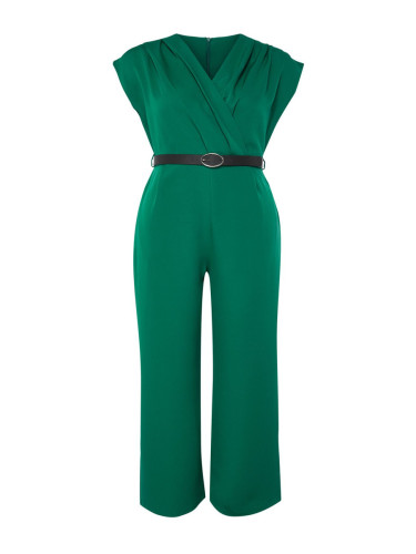 Trendyol Curve Emerald Green Belted Double Breasted Collar Maxi Plus Size Woven Jumpsuit