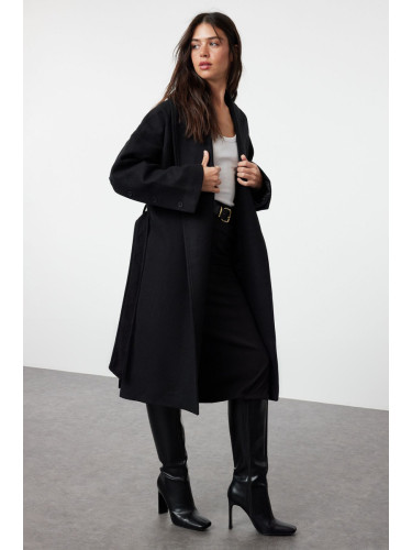 Trendyol Black Button Detailed Soft Textured Slit Oversize Coat