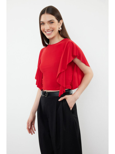 Trendyol Red Sleeves Ruffle Detailed Crew Neck Stretchy Knitted Blouse