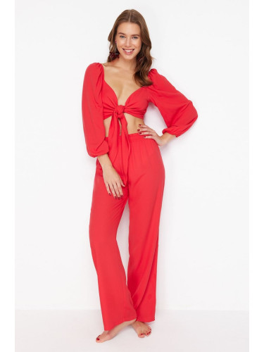 Trendyol Red Woven Tie-Down Blouse and Trousers Set