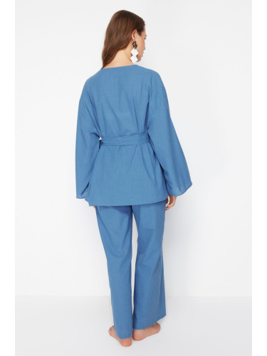 Trendyol Blue Belted Woven Embroidered Kimono Trousers Set