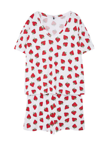 Trendyol Curve White Strawberry Patterned V-Neck Knitted Pajama Set