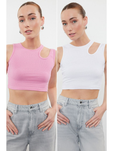 Trendyol Pink-White 2 Pack Cut Out Detailed Fitted Crop Ribbed Flexible Knitted Undershirt