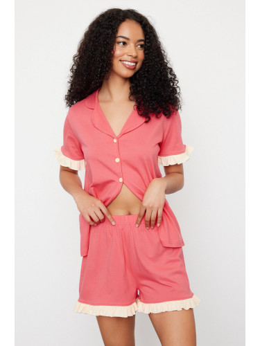 Trendyol Dusty Rose 100% Cotton Ruffle Detailed Knitted Pajama Set