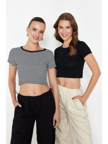 Trendyol Black Striped-Black Plain 2 Pack Fitted Crop Ribbed Knitted Blouse