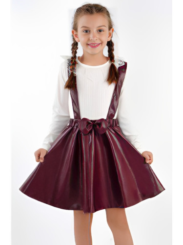 Комплект от блуза с дълъг ръкав с дантела и кожена пола в бордо