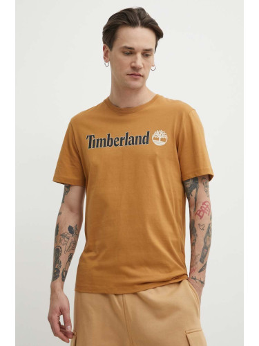 Памучна тениска Timberland в кафяво с принт TB0A5UPQP471