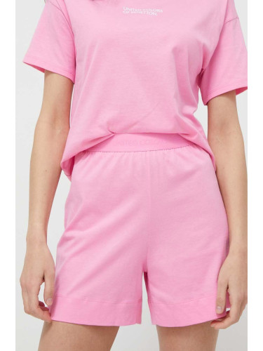 Домашен къс панталон от памук United Colors of Benetton в розово с изчистен дизайн с висока талия