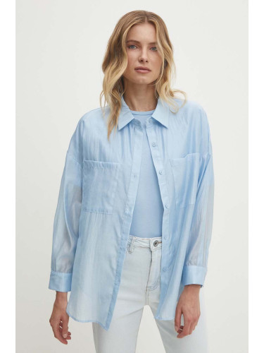 Риза Answear Lab дамска в синьо със свободна кройка с класическа яка