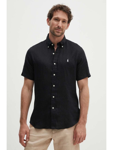 Ленена риза Polo Ralph Lauren в черно със стандартна кройка с яка с копче 710795452