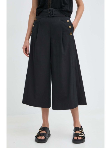 Памучен панталон Twinset в черно с широка каройка, с висока талия