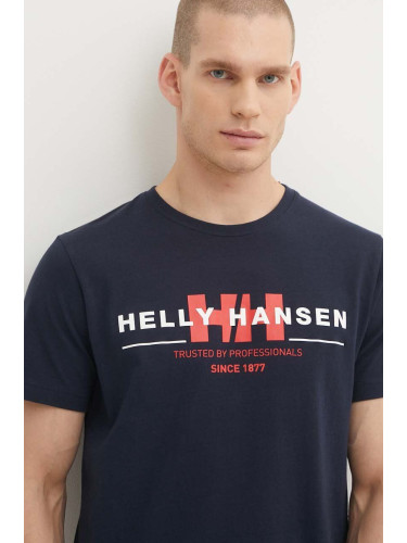 Памучна тениска Helly Hansen в тъмносиньо с десен