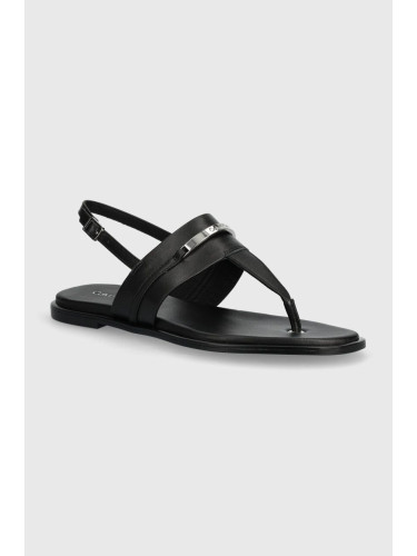 Кожени сандали Calvin Klein FLAT TP SANDAL METAL BAR LTH в черно HW0HW02031