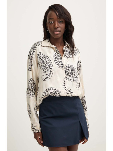 Риза Answear Lab дамска в бежово със свободна кройка с класическа яка