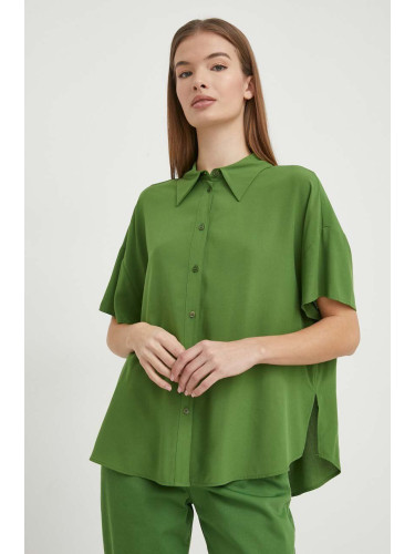 Риза United Colors of Benetton дамска в зелено със свободна кройка с класическа яка