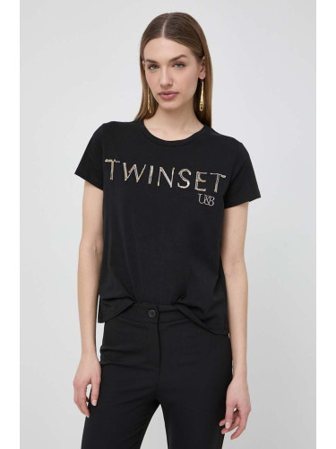 Памучна тениска Twinset в черно