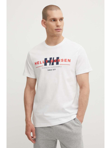 Памучна тениска Helly Hansen в бяло с десен