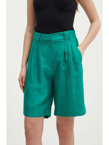 Къс панталон с лен La Petite Française SAVOUREUX в зелено с изчистен дизайн с висока талия