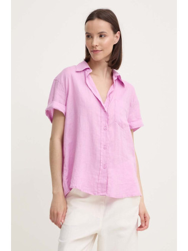 Ленена риза Sisley в розово със свободна кройка с класическа яка