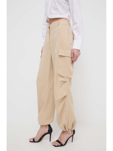 Панталон с лен Karl Lagerfeld в бежово с кройка тип карго, с висока талия