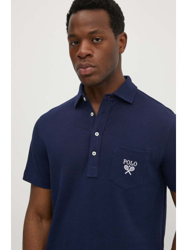 Памучна тениска с яка Polo Ralph Lauren в тъмносиньо с апликация 710952180