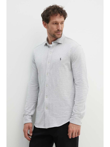 Памучна риза Polo Ralph Lauren мъжка в сиво със стандартна кройка с класическа яка 710909659